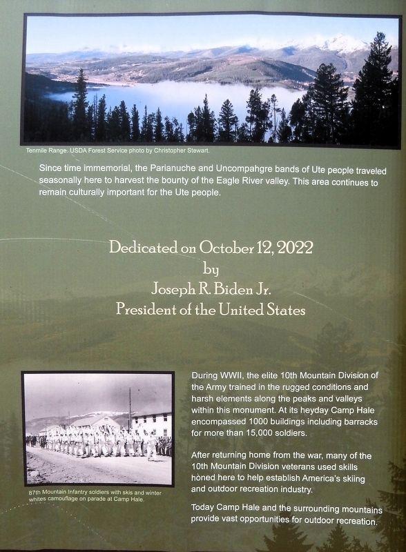 Camp Hale-Continental Divide National Monument Marker. Click for full size. Camp Hale-Continental Divide National Monument Marker image. Click for full size.