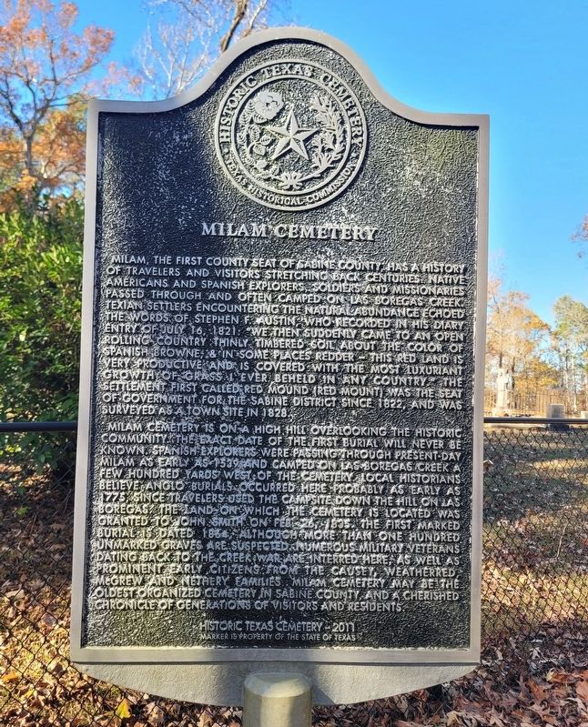 Milam Cemetery Marker. Click for full size. Milam Cemetery Marker image. Click for full size.