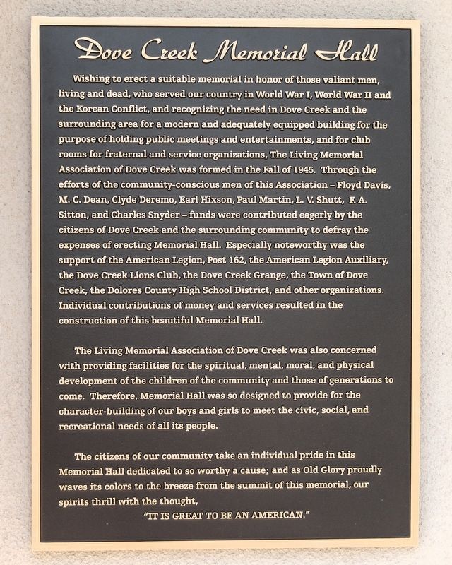 Dove Creek Memorial Hall Marker. Click for full size. Dove Creek Memorial Hall Marker image. Click for full size.