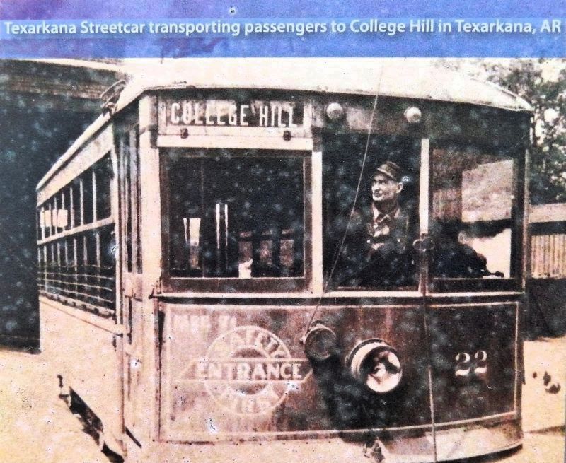 Marker detail: Texarkana Streetcar transporting passengers to College Hill in Texarkana, AR image. Click for full size.