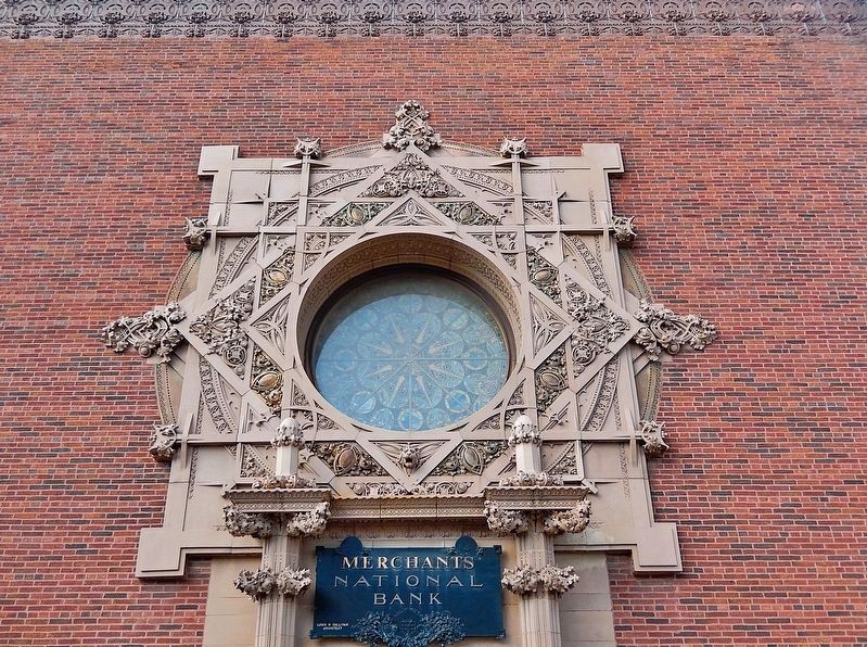 Merchants' National Bank Cartouche & Rose Window. Click for full size. Merchants' National Bank Cartouche & Rose Window image. Click for full size.