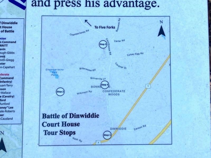 Battle of Dinwiddie Courthouse Driving Tour. Click for full size. Battle of Dinwiddie Courthouse Driving Tour image. Click for full size.