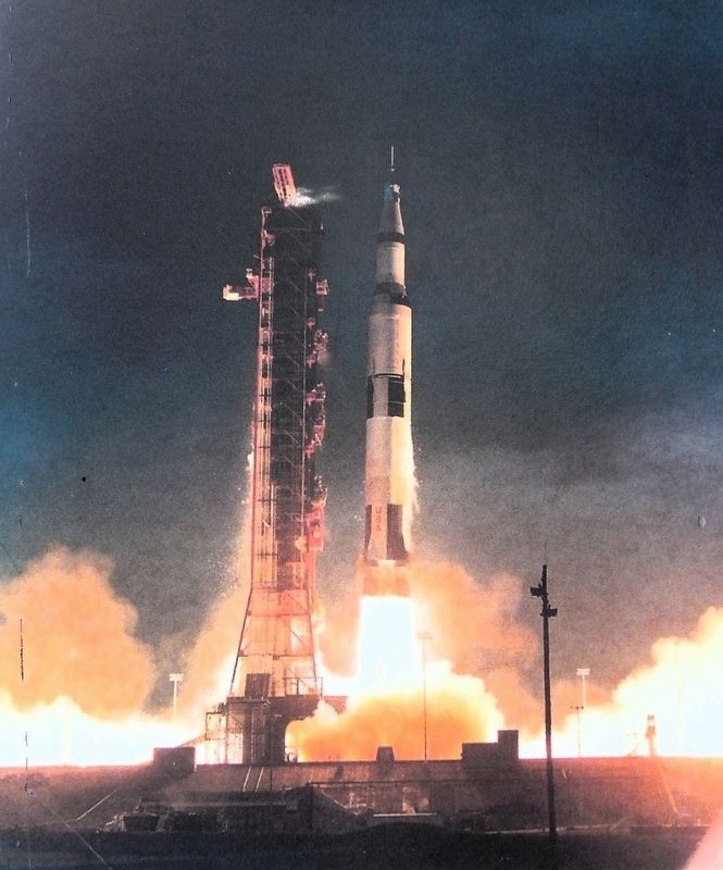 Marker detail: Apollo 14 � Saturn V Rocket climbs from Cape Canaveral image. Click for full size.