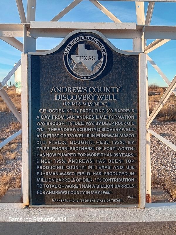 Andrews County Discovery Well Marker. Click for full size. Andrews County Discovery Well Marker image. Click for full size.