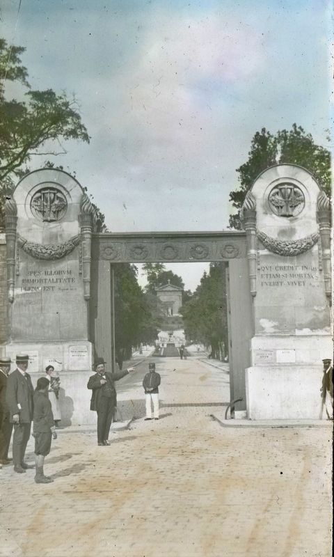 P�re-Lachaise Cemetery gates (lantern slide) image. Click for full size.