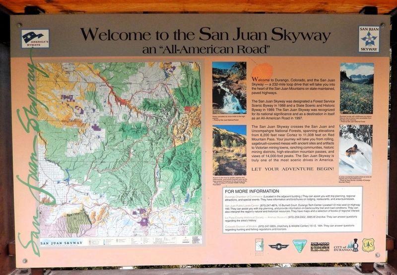 Welcome to the San Juan Skyway Marker (<i>east side</i>). Click for full size. Welcome to the San Juan Skyway Marker (<i>east side</i>) image. Click for full size.