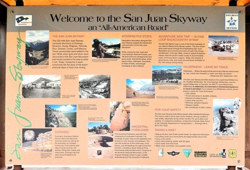 Welcome to the San Juan Skyway Marker (<i>west side</i>). Click for full size. Welcome to the San Juan Skyway Marker (<i>west side</i>) image. Click for full size.