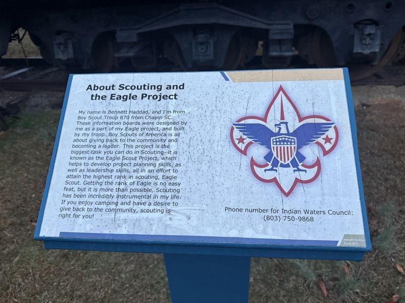 Nearby plaque about Scouting and the Eagle Project image. Click for full size.