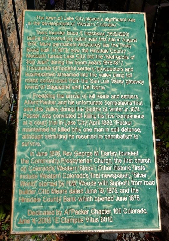 Lake City Played a Significant Role in the Development of Western Colorado Marker image. Click for full size.