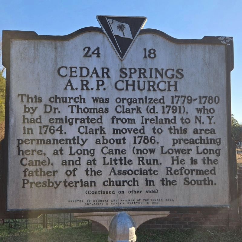 Close up Cedar Springs A.R.P. Church Marker (side one) image. Click for full size.