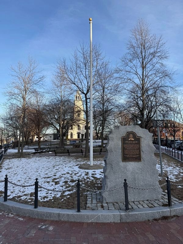 John Eliot Square Marker and First Church, Roxbury. Click for full size. John Eliot Square Marker and First Church, Roxbury image. Click for full size.