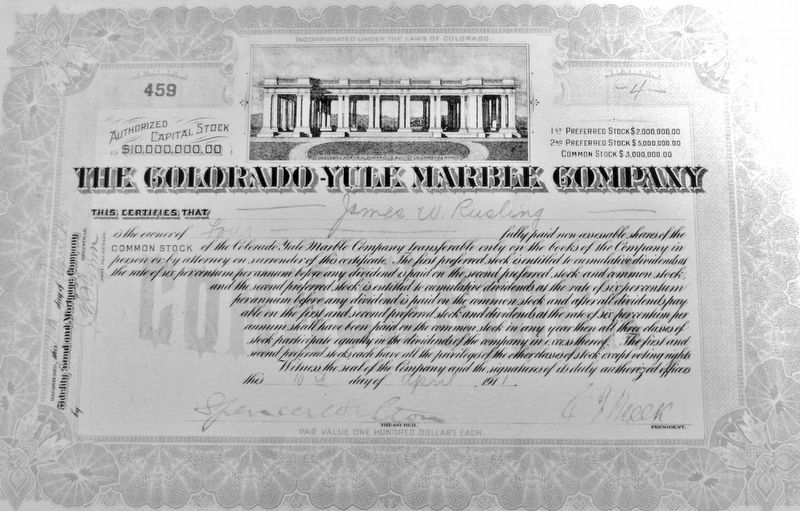 Marker detail: 1911 Colorado-Yule Marble Company Stock Certificate image. Click for full size.