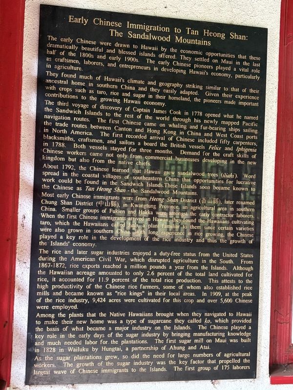 Early Chinese Immigration to Tan Heong Shan: The Sandalwood Mountains Marker image. Click for full size.