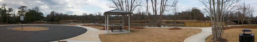 Panorama view of the Lewis Landing area with marker in the distance. image. Click for full size.