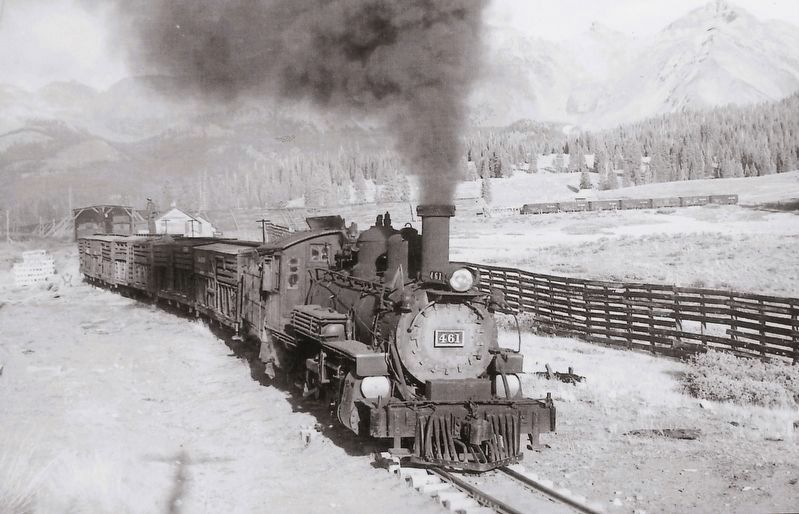 Marker detail: An RGS train, pulling stock cars, travels south over Lizard Head Pass, circa 1951. Click for full size. Marker detail: An RGS train, pulling stock cars, travels south over Lizard Head Pass, circa 1951 image. Click for full size.