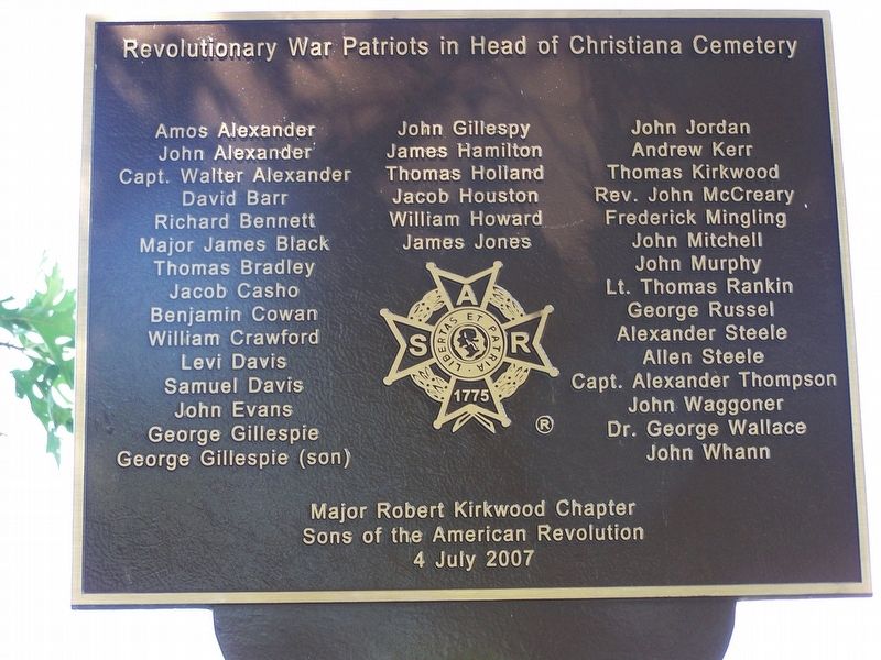 Revolutionary War Patriots in Head of Christiana Cemetery Marker. Click for full size. Revolutionary War Patriots in Head of Christiana Cemetery Marker image. Click for full size.
