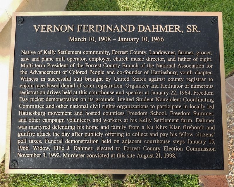 Vernon Ferdinand Dahmer, Sr. Marker. Click for full size. Vernon Ferdinand Dahmer, Sr. Marker image. Click for full size.