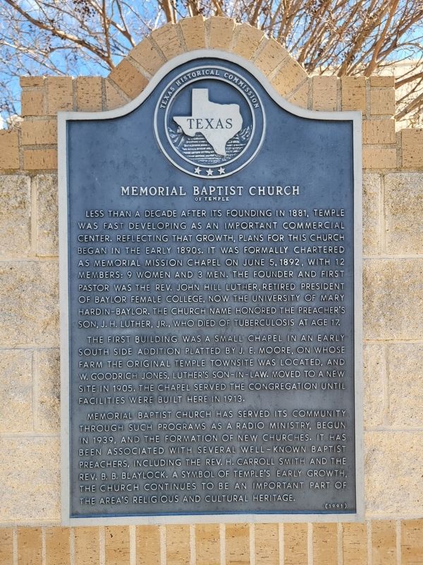 Memorial Baptist Church of Temple Marker. Click for full size. Memorial Baptist Church of Temple Marker image. Click for full size.