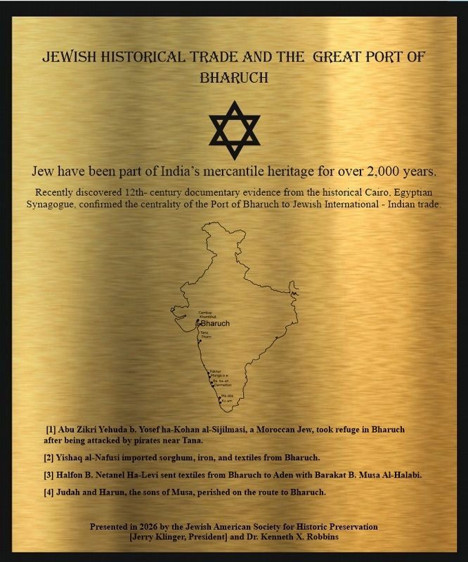 Jewish Historical Trade and the Great Port of Bharuch Marker image. Click for full size.