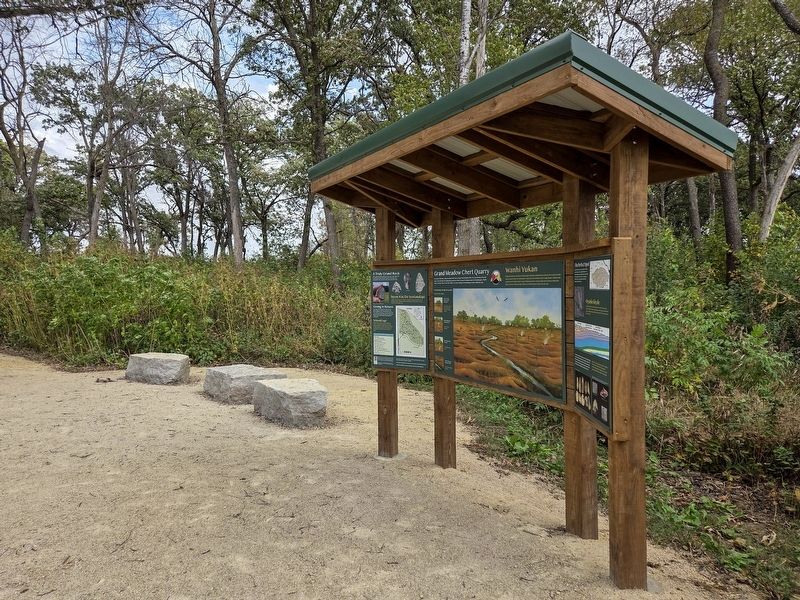 A Truly Grand Rock Marker (left) at the entrance kiosk to the Grand Meadow Chert Quarry. Click for full size. A Truly Grand Rock Marker (left) at the entrance kiosk to the Grand Meadow Chert Quarry image. Click for full size.