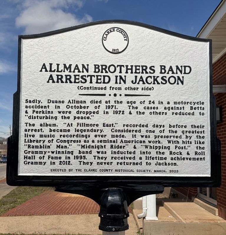 Allman Brothers Band Arrested in Jackson Marker. Click for full size. Allman Brothers Band Arrested in Jackson Marker image. Click for full size.