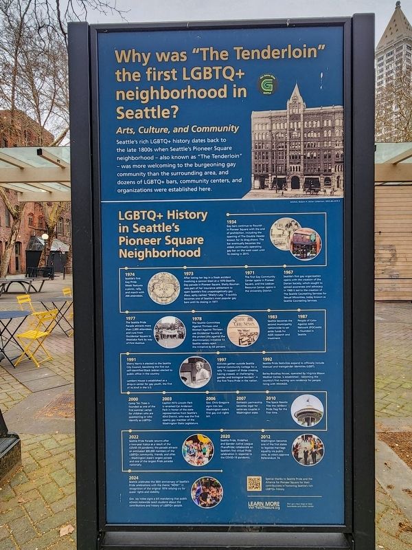 Why was "The Tenderloin" the first LGBTQ neighborhood in Seattle? Marker. Click for full size. Why was "The Tenderloin" the first LGBTQ neighborhood in Seattle? Marker image. Click for full size.