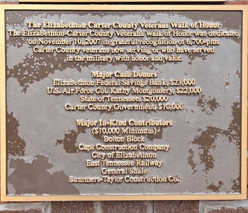 Elizabethton Carter County Veterans Walk of Honor Marker. Click for full size. Elizabethton Carter County Veterans Walk of Honor Marker image. Click for full size.