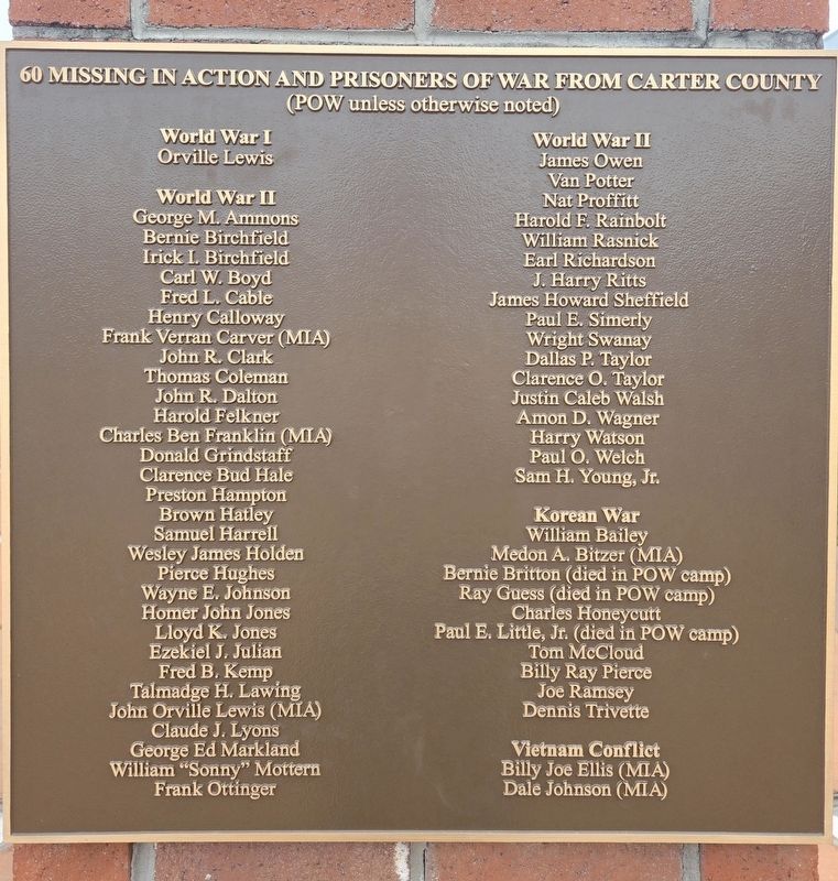 60 Missing in Action and Prisoners of War from Carter County Marker. Click for full size. 60 Missing in Action and Prisoners of War from Carter County Marker image. Click for full size.
