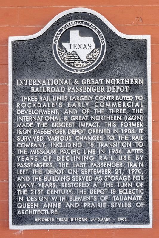 International & Great Northern Railroad Passenger Depot Marker. Click for full size. International & Great Northern Railroad Passenger Depot Marker image. Click for full size.