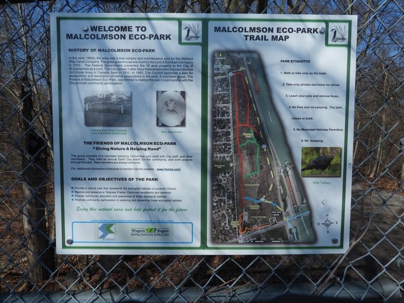 Welcome To Malcolmson Eco-Park Marker. Click for full size. Welcome To Malcolmson Eco-Park Marker image. Click for full size.