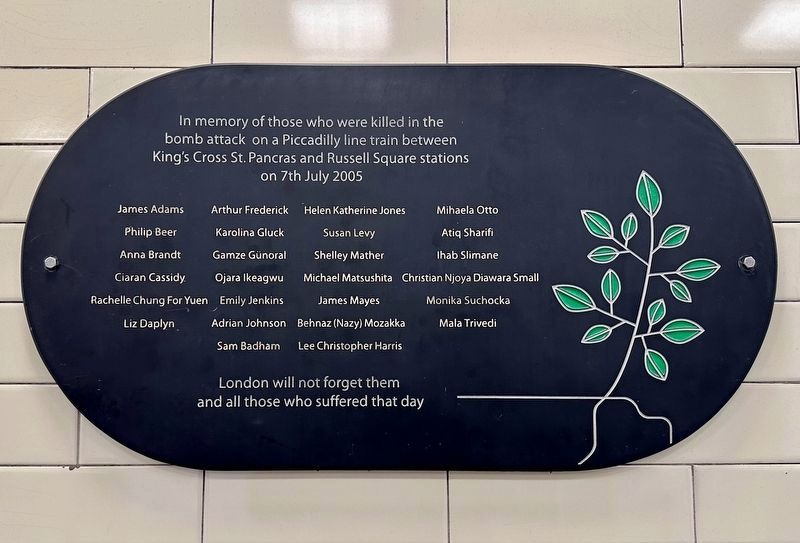 Piccadilly Line Bomb Attack Memorial Marker. Click for full size. Piccadilly Line Bomb Attack Memorial Marker image. Click for full size.
