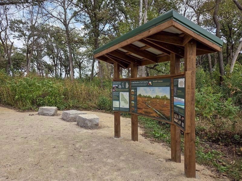 Grand Meadow Chert Quarry/Wanhi Marker (center panel) at the entrance kiosk. Click for full size. Grand Meadow Chert Quarry/Wanhi Marker (center panel) at the entrance kiosk image. Click for full size.