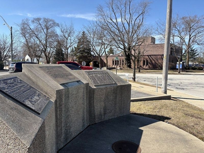 Three plaques in front of the Bridgeview Municipal Building image. Click for full size.