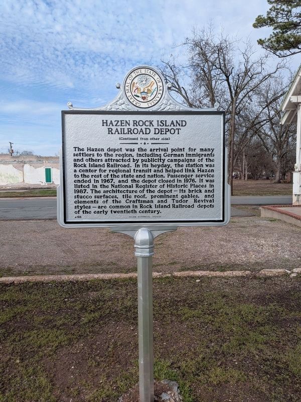 Hazen Rock Island Railroad Depot Marker Reverse image. Click for full size.