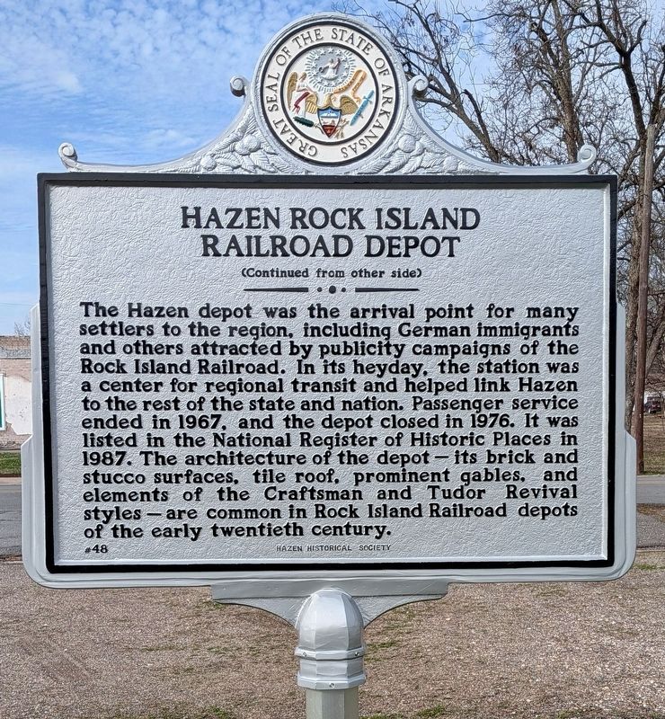 Hazen Rock Island Railroad Depot Marker Reverse image. Click for full size.
