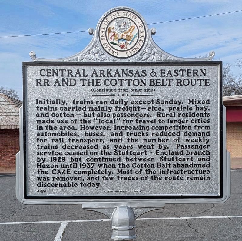 Central Arkansas & Eastern RR and the Cotton Belt Route Marker Reverse. Click for full size. Central Arkansas & Eastern RR and the Cotton Belt Route Marker Reverse image. Click for full size.