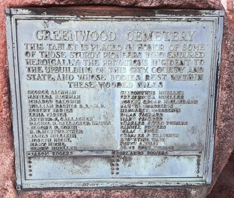 Greenwood Cemetery Pioneer Burials Marker. Click for full size. Greenwood Cemetery Pioneer Burials Marker image. Click for full size.