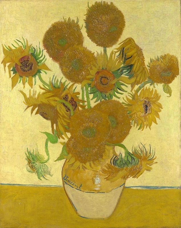 <i>Sunflowers</i> (aka <i> Still Life: Vase with Fifteen Sunflowers)</i> by Vincent Van Gogh image. Click for full size.