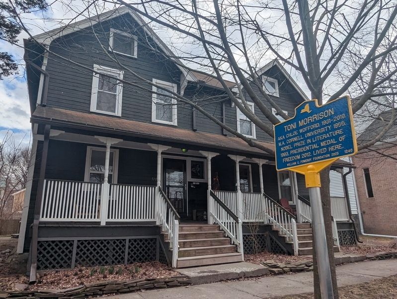 Toni Morrison wide view of marker with the house in which she lived image. Click for full size.