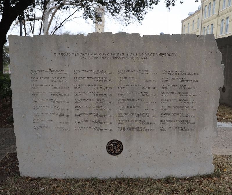 Former St. Mary's University Fallen in World War II Marker, Side One. Click for full size. Former St. Mary's University Fallen in World War II Marker, Side One image. Click for full size.