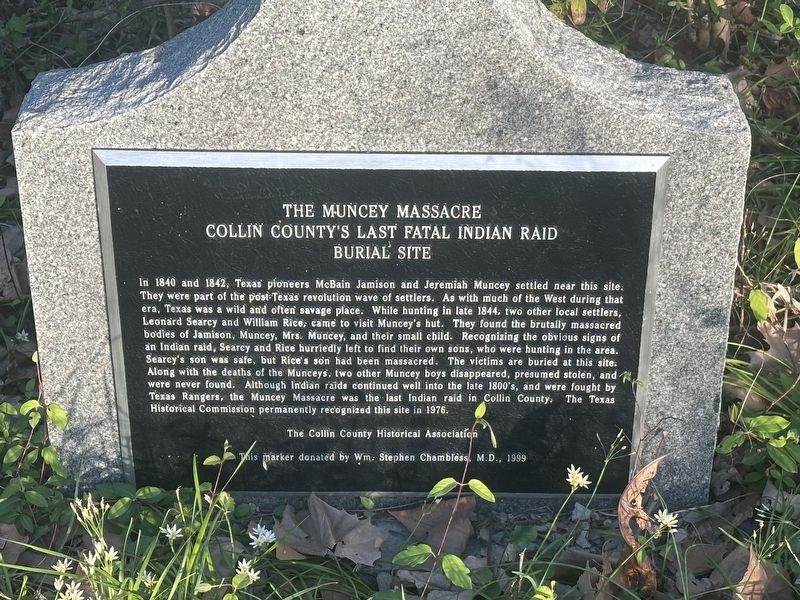 The Muncey Massacre Collin Countys Last Fatal Indian Raid Burial Site Marker. Click for full size. The Muncey Massacre Collin Countys Last Fatal Indian Raid Burial Site Marker image. Click for full size.