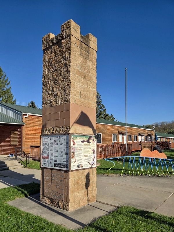 The Heritage of Downtown Preston Marker (left) on the freestanding chimney at the Preston Trailhead. Click for full size. The Heritage of Downtown Preston Marker (left) on the freestanding chimney at the Preston Trailhead image. Click for full size.
