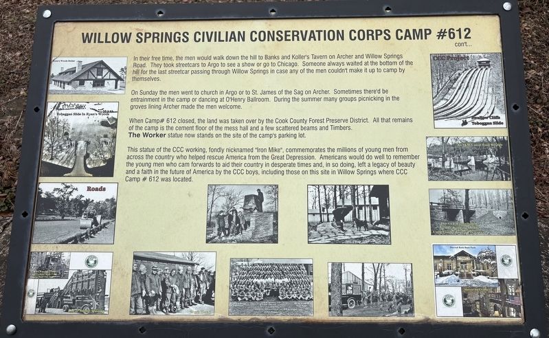 Willow Springs Civilian Conservation Corps Camp #612 (cont
) Marker. Click for full size. Willow Springs Civilian Conservation Corps Camp #612 (cont
) Marker image. Click for full size.