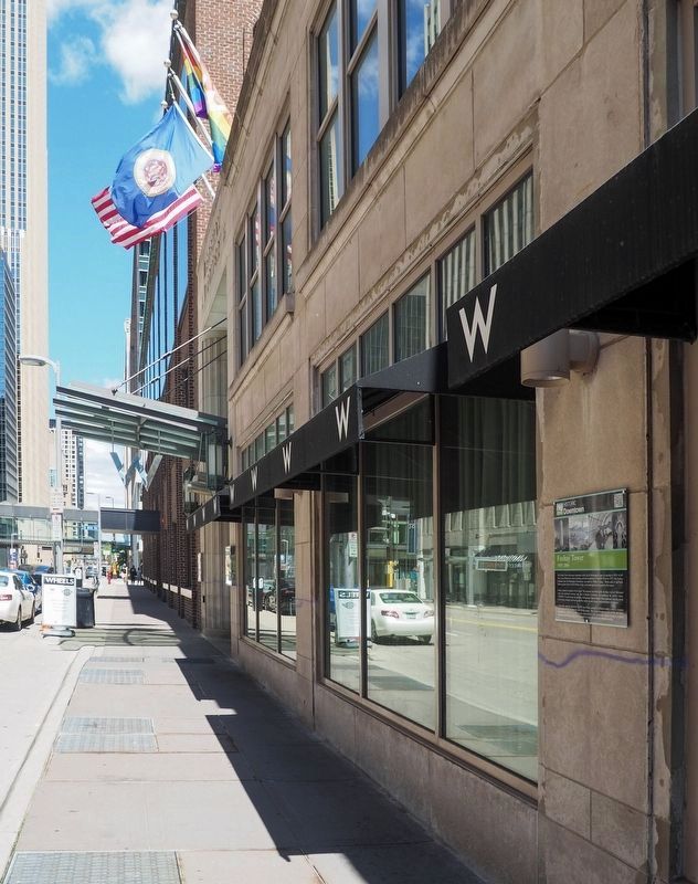 Foshay Tower Marker (right) on the Marquette Avenue faηade of the Foshay Tower. Click for full size. Foshay Tower Marker (right) on the Marquette Avenue faηade of the Foshay Tower image. Click for full size.