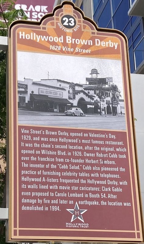 Hollywood Brown Derby Marker. Click for full size. Hollywood Brown Derby Marker image. Click for full size.