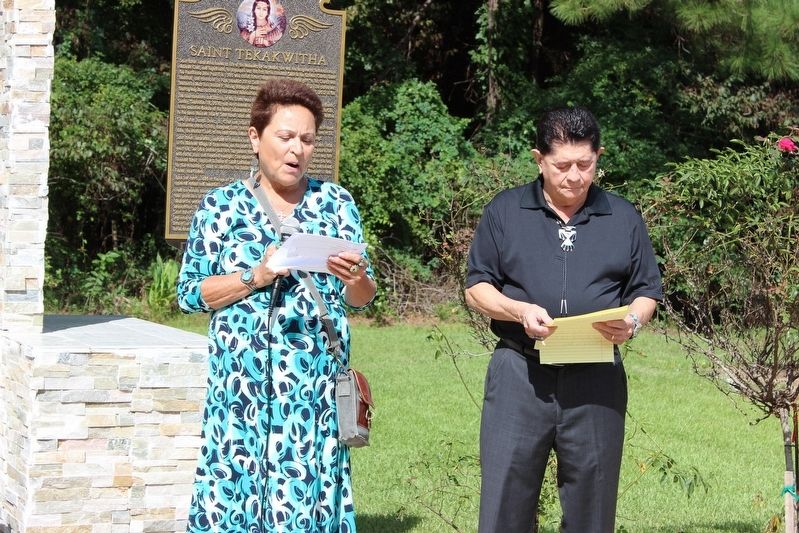 Dedication of Saint Tekakwitha statue, grotto, and plaque by Chief Rufus Davis Jr.. Click for full size. Dedication of Saint Tekakwitha statue, grotto, and plaque by Chief Rufus Davis Jr. image. Click for full size.
