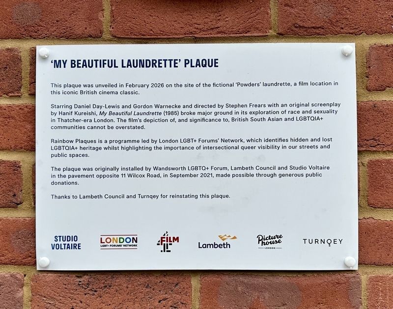 <i>My Beautiful Laundrette</i> 1985 Marker - meta plaque image. Click for full size.