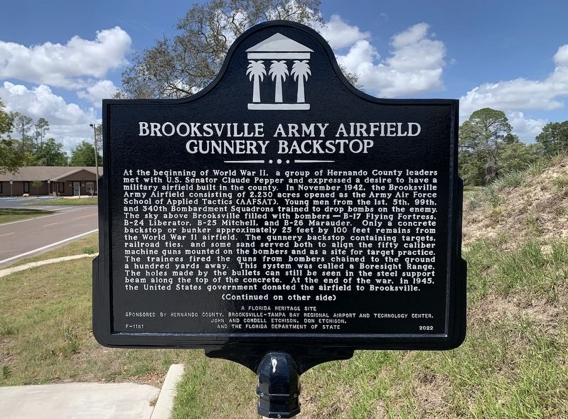 Brooksville Army Airfield Gunnery Backstop Marker, Side One. Click for full size. Brooksville Army Airfield Gunnery Backstop Marker, Side One image. Click for full size.