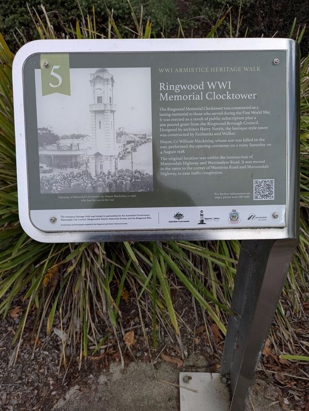Ringwood WWI Memorial Clocktower Marker. Click for full size. Ringwood WWI Memorial Clocktower Marker image. Click for full size.