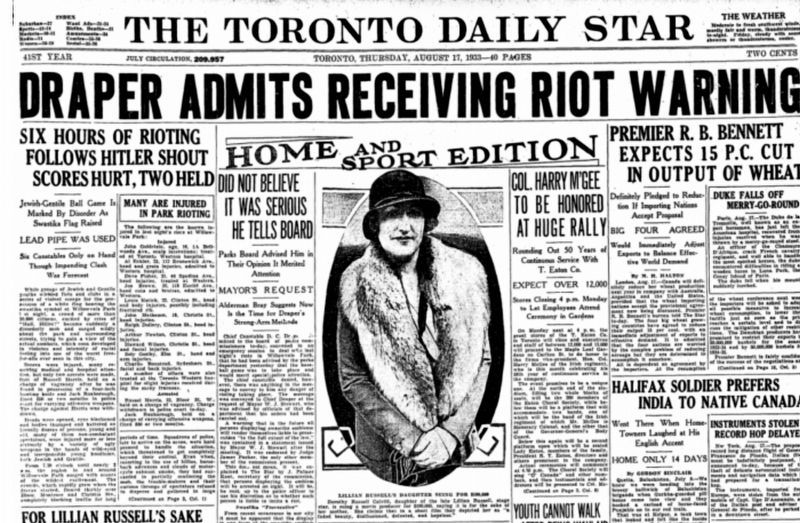 Toronto Star coverage of the riot, Aug. 17, 1933 image. Click for full size.